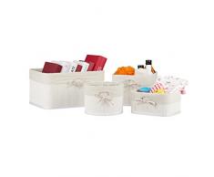 Relaxdays Cestos Almacenaje Set de 4, Bambú y Funda de Tela, 4 Tamaños, Caja de Juguetes, Cosméticos y Toallas, Blanco, Poliéster Tablero DM