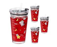 Relaxdays Set de 4 Vasos Infantiles, Diseño Unicornio, Tapa y Pajita, 450 ml, Vaso Cristal Niños, Zumo, Transparente