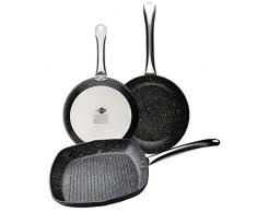 WECOOK! Granite Set Juego 2 Sartenes 20-24cm + 1 Grill Asador 28 x 28cm Inducción Aluminio Forjado, Antiadherente Ecológico sin PFOA, Mangos Acero, Apta Todas Cocinas, Vitrocerámica, Gas, Horno