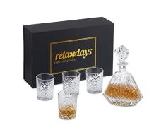 Relaxdays Set de Whisky, 5 Piezas, Decantador 650 ml, 4 Vasos 330 ml, Licorera Cristal, Caja de Regalo, Transparente