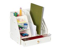Relaxdays Organizador Escritorio 3 Compartimentos A4, 3 Baldas, 2 Portalápices, 1 Cajón, Oficina, MDF, Color Blanco, 100% Tablero de Fibra, 29,5 x 33 x 24 cm