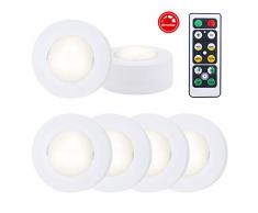 Briloner Leuchten Set de 6 bombillas LED para armario con control remoto, regulables, funcional, luz de noche para dormitorios con temporizador y con cinta adhesiva 3M, en blanco, 0.8 W, 58x26mm (DxH)