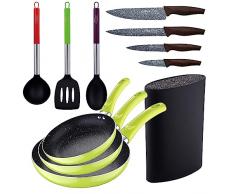 Set 3pc sarten (20+24+28cm) aluminio prensado verde con Set 3pc utensilios de cocina nylon con Set 4pc cuchillos acero inoxidable con Tacoma/bloque