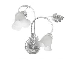 ONLI Aplique 2 luces de metal cepillado. 2 x E14. Decoración con hojas, calas de cristal blanco satinado, plata