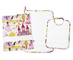FILET - Set JardÃ­n de Infancia Tres Piezas con Tela Aida para Bordar, Compuesto de Bolsa, Toalla y Babero de Esponja Blanca, 100% AlgodÃ³n, Made in Italy, FantasÃ­a Princesas Fondo Rosa