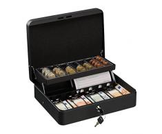 Relaxdays Caja Dinero con Llave, Bandeja Monedas y 4 Compartimentos Billetes, Cajita Hierro, 8,5x30,5x24,5 cm, Negro