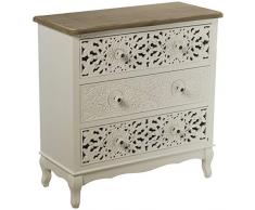 DRW Comoda con 3 Cajones de Madera Tallada con Tablero en Blanco y Natural 75x34x76cm