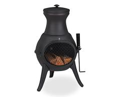 Relaxdays Chimenea Exterior, Estufa JardÃn, 71,5x39x35cm, Brasero Terraza Hierro Fundido, Atizador y Salvachispas, Negro, 80% 20% Acero