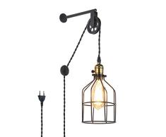 B·LED BARCELONA LED BarcelonaLED Lámpara colgante de polea Aplique pared estilo Industrial vintage altura regulable con jaula negra y interruptor para bombilla E27 dormotorio salon bar