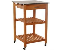 DRW Carro de Cocina con 1 cajón y 2 baldas de Madera: Pino y Tapa de Acero inoxidables en Color Madera 54x54x86cm