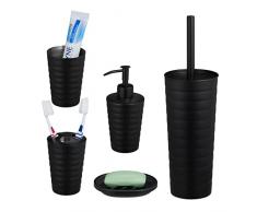 Relaxdays Set de Baño Accesorios, Kit 5 Piezas Acero Inoxidable Mate, Jabonera, Soportes, Vaso, Dispensador Jabón, Negro