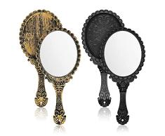 NA 2 Piezas Espejo de Mano Retro Patrón Manija Espejo de Maquillaje Cosmético Espejo Oval Espejo de Viaje Estilo Retro Romántico Herramienta de Belleza de Maquillaje Pequeño Espejo para Mujer