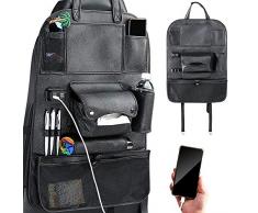 BAKAJI Organizador de protecciÃ³n para el respaldo del asiento del coche con 4 puertos USB, bolsillos porta objetos, portabotellas y toallero, organizador de piel sintÃ©tica negro, fijaciÃ³n con bandas