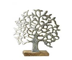 GILDE Figura Decorativa de Ã¡rbol de la Vida, Aluminio Plateado sobre pie de Madera, 46 x 49 cm
