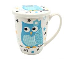 Dekohelden24 Taza de tÃ© de cerÃ¡mica con colador de metal y tapa, diseÃ±o de bÃºhos en azul y estrellas, tamaÃ±o: 11 x 8 cm, capacidad aprox. 250 ml