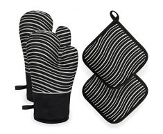 Allinside Juego de Guantes para Horno y 2 Soportes para Ollas, Guantes para Horno Resistentes al Calor, Guantes para Cocinar con Rayas de Silicona Antideslizantes, para Cocina, Hornear, BBQ
