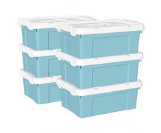 Cetomo Caja de almacenamiento de plÃ¡stico de 15 L x 6, caja de mano, contenedor organizador con tapa duradera y hebillas de enganche seguras, apilable y encajable, paquete de 6, azul con hebilla