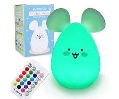 Luz Nocturna Infantil Ratoncito con Control Remoto y Táctil 16 Colores â BONNYCO | Lampara Infantil Bebe con Temporizador | Luz Quitamiedos Infantil Silicona 100% Segura, Regalos para Niñas Niños