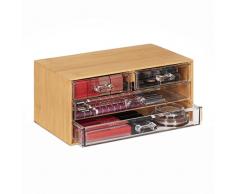 Relaxdays cosmético bambú, 4 cajones, 11 x 23,5 x 15 cm, Organizador de Maquillaje y Joyas, Natural/Transparente, 60% 40% plástico, 11x23,5x15 cm