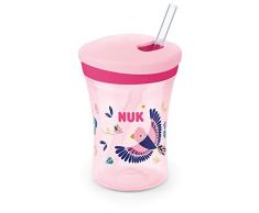 NUK Action Cup - Vaso para niños (efecto camaleón, 12 meses, tapa giratoria con pajita suave, a prueba de fugas, sin BPA, 230 ml, pájaro (rosa)