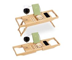 Relaxdays Bandeja Bañera, Bambú, 70-108 cm Extensible, Soporte Libros y Copa de Vino, Mesa Desayuno Cama, Natural
