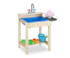 Relaxdays Cocina Barro, Exterior, Fregadero con Grifo, Mesa de Juegos de Arena para niÃ±os, Madera, 77 x 54 x 37 cm, Natural