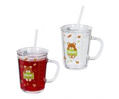 Relaxdays Set de 2 Vasos Infantiles, DiseÃ±o Osos, Jarrita Agua NiÃ±os, con Asa, Tapa y Pajita, 400 ml, Transparente, 80% Vidrio plÃ¡stico 10% Silicona