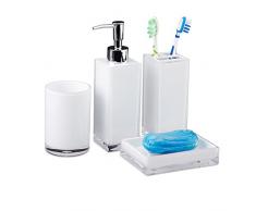 Relaxdays 4 Piezas – Set de Accesorios, Modern, Vaso para cepillos de Dientes, Soporte para Cepillo de Dientes, dispensador de Jabón, jabonera Baño Accesorios 4, plástico, Blanco, 9 x 12 x 19.5 cm