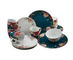 Creatable 22222 Enjoy Roses-Petrol + Weiss - Vajilla de 16 piezas (porcelana), color blanco y rosa