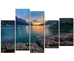 Dekoarte 194 - Cuadro moderno en lienzo 5 piezas, naturaleza puesta de sol en el horizonte entre montañas y lago, 150x3x100cm