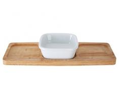 Premier Housewares - Cuenco de Porcelana Cuadrado para Aperitivos en Bandeja de bambú, Color Blanco