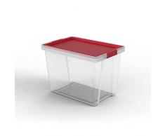 Tatay Caja de almacenamiento con tapa, capacidad de 15 litros, con asas, tapa de polipropileno reciclado, transparente, libre de BPA, rojo. Medidas 25 x 36 x 26 cm