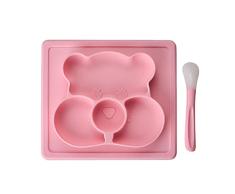 Mantel Individual de Silicona Antideslizante para niños y bebés, diseño de Oso con Cuchara de Silicona, Alfombrilla con Plato, Fuerte succión â Rosa