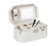 Relaxdays Organizador Joyero con Espejo y Llave, Piel Sintética, Blanco, 10 x 22 x 13 cm
