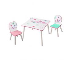 Hello Home Conjunto Infantil de Mesa y Sillas de Flores y Pájaros, Madera, Blanco, 63x63x52.5 cm