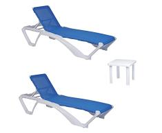 RESOL Acqua Set 2 Tumbonas y 1 Mesa Auxiliar Andorra | Conjunto de Tumbonas con Ruedas Apilables | Muebles de JardÃn Exterior | Estructura y Mesilla Blanca | Textilene Color Azul