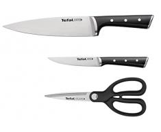 Tefal K232S355 Ice Force - Juego de 3 cuchillos de cocina, cuchillo universal, tijeras de cocina, hoja de acero inoxidable alemÃ¡n, rendimiento de corte y afilado duraderos, acero inoxidable/negro