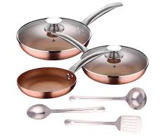 Set 5pc sartenes 20,24,28 cm (con tapa) aluminio prensado inducciÃ³n con Set 3 pc utensilios cocina acero inoxidable