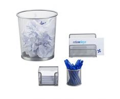 Relaxdays Juego Organizador de Escritorio Set, Metal, Plateado, 26x26x28.5 cm, 4 Unidades