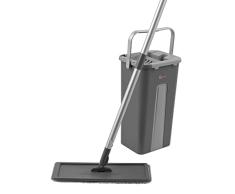 leeneze KL028145EU7 Mopa Plana Y Cubo Escurridor De 2 en 1, Cabezal Rotativa, Compartimientos Dual para Escurrir y Remojar, Rascador para Eliminar Suciedad, para la MayorÃ­a de Suelos Duros, Gris
