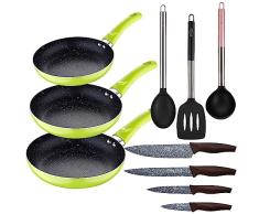 Set 3pc sarten (20+24+28cm) aluminio prensado verde con Set 3pc utensilios de cocina nylon con Set 4pc cuchillos acero inoxidable