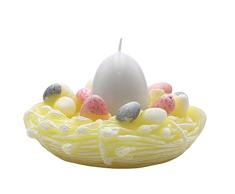 Vela de nido de Pascua de cera, vela de huevo blanca, nido amarillo, caja de regalo con lazo rosa, 13 x 7 cm