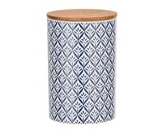 Wenko 54096100 Lorca - Caja de almacenaje con Tapa de bambú, Capacidad: 1, 45 L, cerámica, 12, 5 x 18, 5 x 12, 5 cm, Color Azul y Blanco