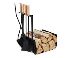 Relaxdays Cesta de metal para leña de chimenea con 4 utensilios para chimenea, pala, escoba, pinzas y atizador para interior, moderna, color negro, 1 unidad
