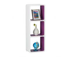 Relaxdays Estantería de Pared con 3 Compartimentos, Madera, Blanco y Violeta, 20x31x89 cm