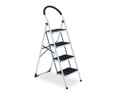 Relaxdays Plegable para el hogar, 4 peldaÃ±os hasta 150 kg, Escalera escalonada con asa, Acero, Color Blanco y Negro, 70% 30% plÃ¡stico, 4 Stufen