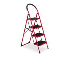 Relaxdays Plegable para el hogar, 4 peldaÃ±os hasta 150 kg, Escalera escalonada con asa, Acero, Rojo y Negro, 70% 30% plÃ¡stico, 4 Stufen