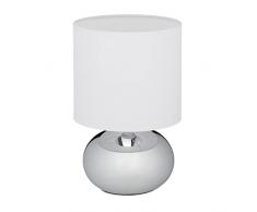 Relaxdays Lámpara Mesita Noche Táctil, Luz Salón Decorativa, Redonda, Casquillo E14, con Pantalla, Plateada y Blanca