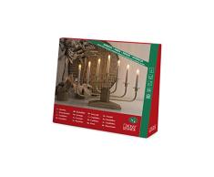 Konstsmide 3525 â 800tr metal Candelabro, latón, con gebeiztem Socket de madera de roble/para interior (IP20)/7 bombillas transparentes, transformador interior de 24 V, cable blanco