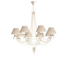 Lámpara de techo de 6 luces acabado beige con pantallas de seda y lágrimas de cristal